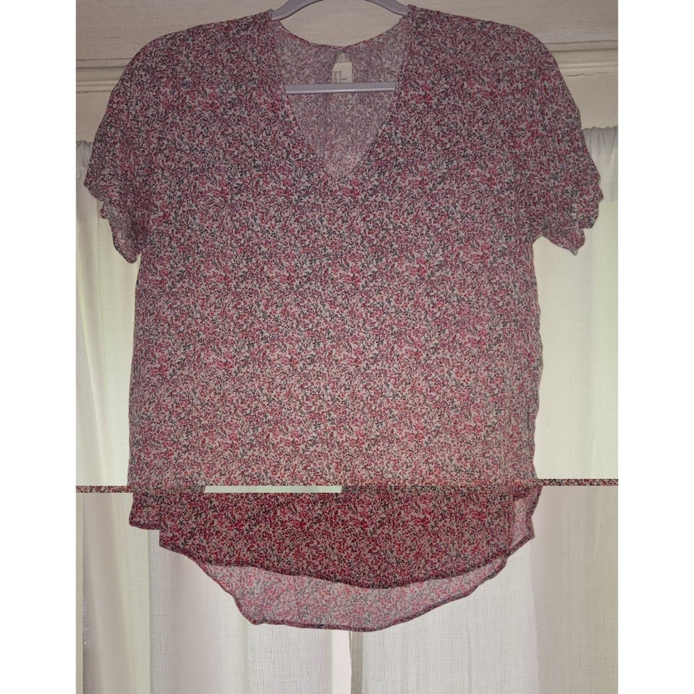 C&A Clockhouse Women's Floral V-Neck Blouse Top Pink 100% Viscose Size US 10